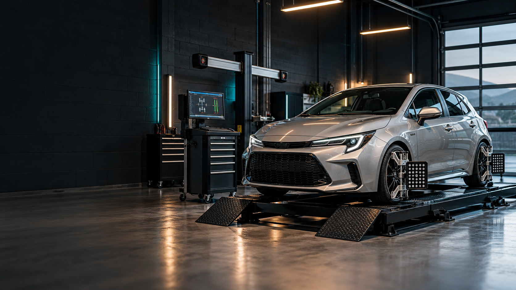 Illustrative silver car on a wheel-alignment rack in a modern workshop